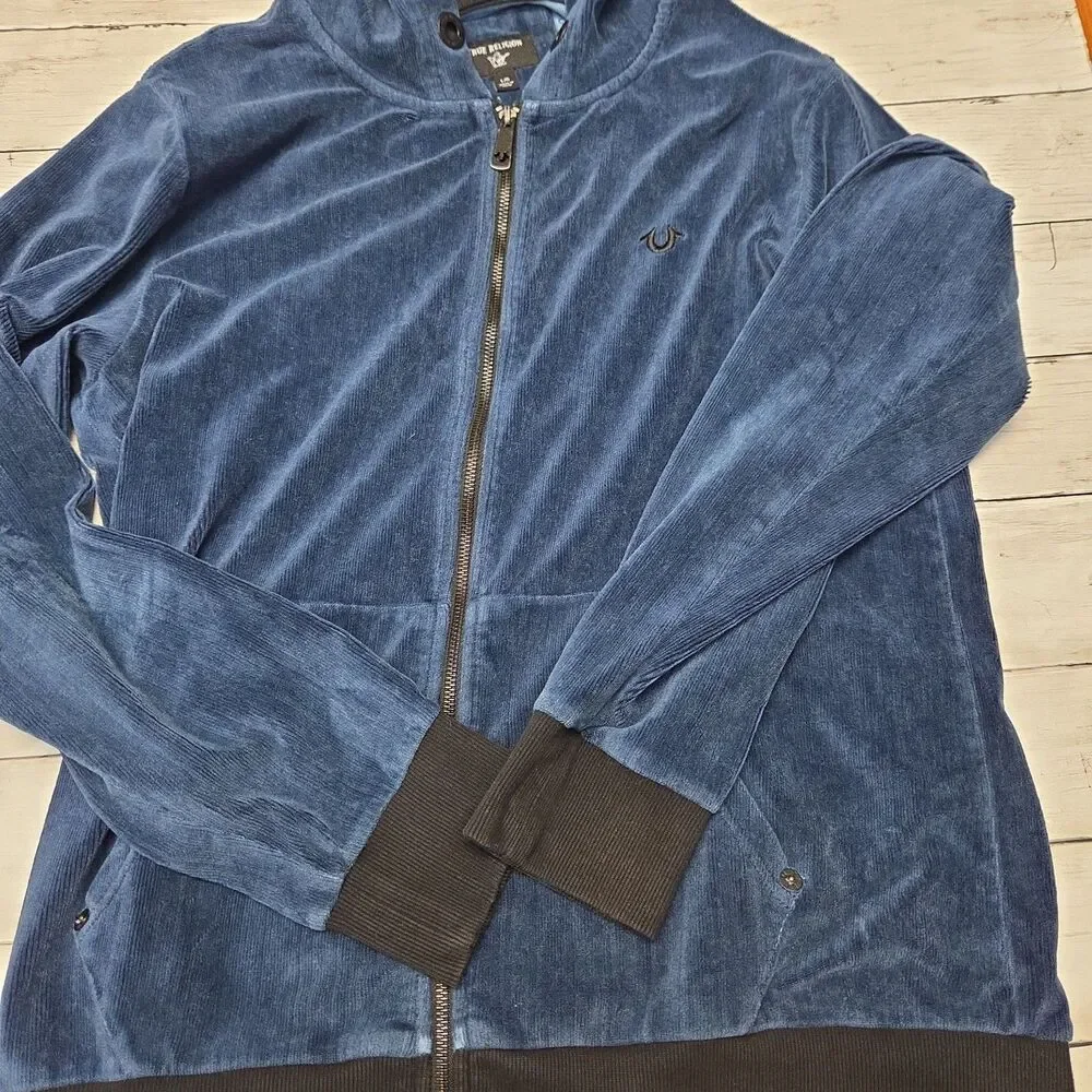 True Religion Mens Blue Corduroy Full Zip Hoodie Jacket Sz Large Buddha Graphic